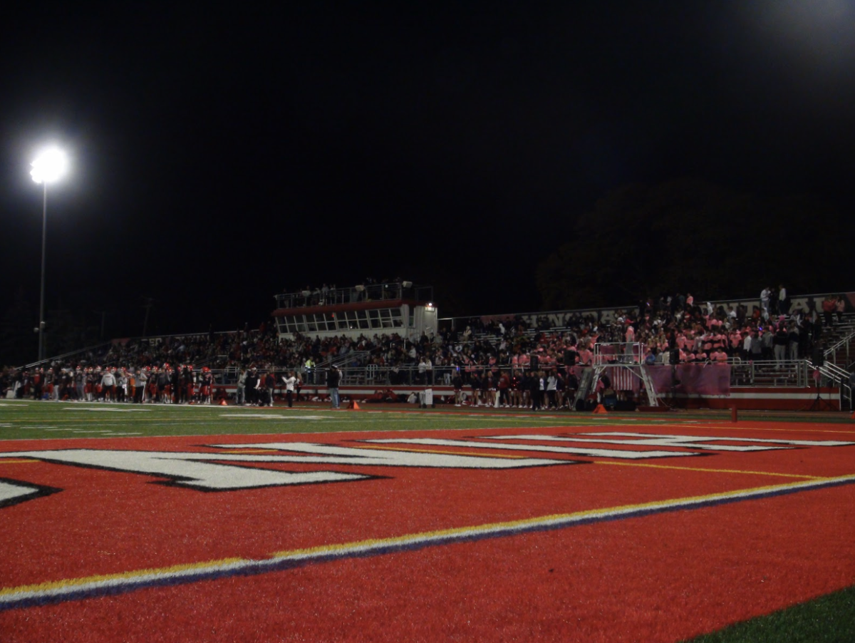 At halftime, the Hinsdale Central stands were packed as the score was 21-21. The student section was dressed up with the “pinkout” theme.
